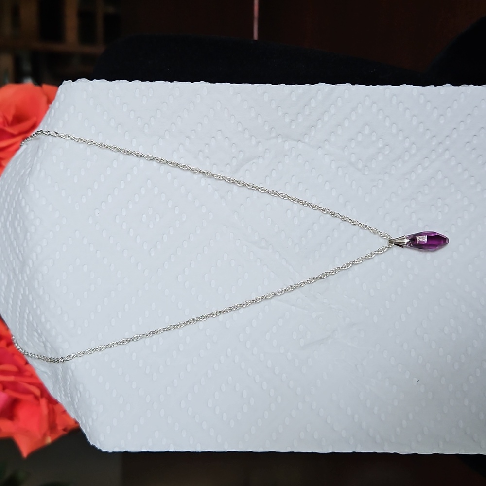 Purple Crystal Faceted Necklace Slender Cut Silvertone Chain Incl NWOT